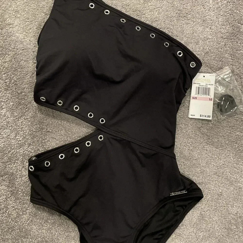 Michael Kors Women's Black Cutout one Piece Gold grommet accent Swimsuit Size 10